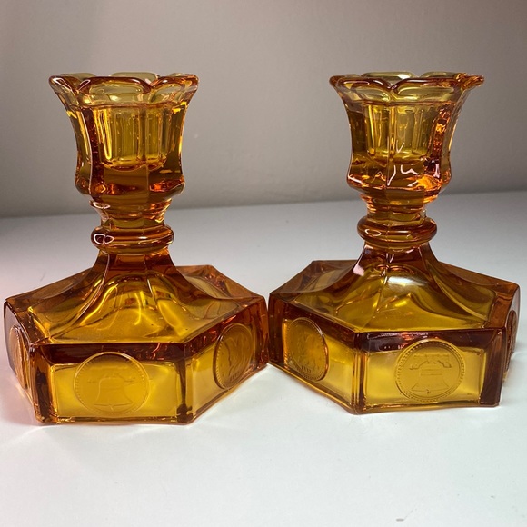 Vintage Fostoria Amber Liberty Bell and Coin Glass Candlestick Holders Set